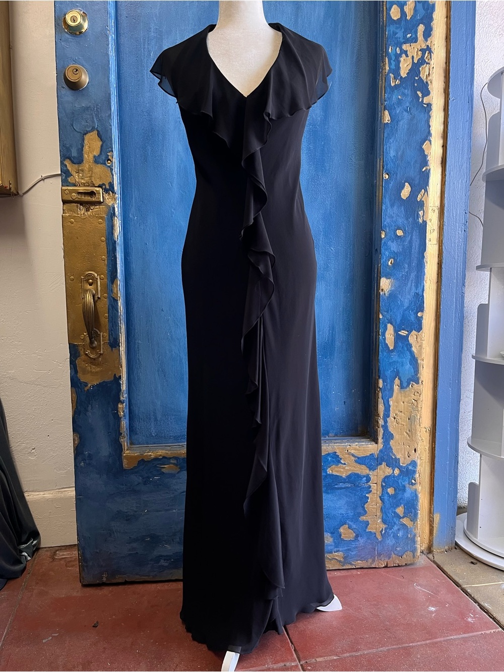 ABS Allen Schwartz Black Ruffle-Front Maxi Dress